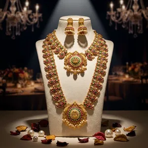 Conjunto de joyería étnica chapada en oro con piedras de circonita y perlas de imitación, collar y aretes para boda, moda femenina - Product Image 1