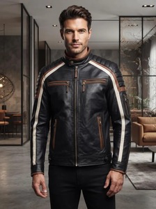 Veste de motard en cuir noir pour homme, style motocycliste, avec capuche - Product Image 2