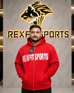 REXFITSPORTS 2026 Sudadera con capucha y cremallera completa personalizada con gráfico rojo, unisex, de forro polar, estilo urbano, con estampado frontal grande, privado - Product Image 1