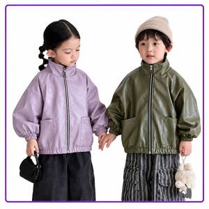 Suprex <b>Kids</b> PU Leather Bomber Jacket Puff Sleeve Solid Color Zipper Stand Collar Autumn Windproof Outerwear - Product Image 4