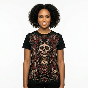 T-shirt personnalisé pour femme avec motif crâne masque de mascarade, style baroque et gothique orné, en coton, fabricant en gros - Product Image 5