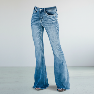 Jean évasé taille haute pour femme en denim bleu clair délavé, style vintage décontracté, longueur intégrale, en coton déchiré, style automne - Product Image 5
