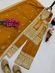 <b>Women</b> Indian Pakistani Traditional Embroidered Ankle-Length Cotton <b>Kurta</b> Set Loose Fit Wedding Wear Gold White Pattern - Product Image 4