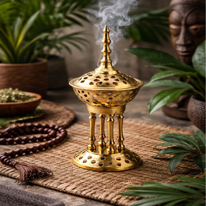 Traditional brass dhoop incense burner censer stand with pillar base for <b>mandir</b>, available at wholesale prices. - Product Image 1