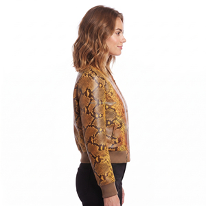 Chaqueta Bomber de Piel Sintética con Estampado de Serpiente para Mujer, Cierre de Cremallera, Estilo Otoñal, Cuello Camisero - Product Image 3