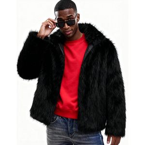 Manteau en fausse fourrure noire pour homme, col rabattu, manches régulières, couleur unie, coupe ample, parka épaisse - Product Image 5