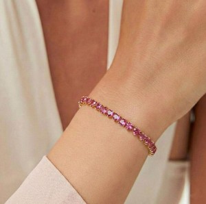 Heart Shape Lab Grown Pink Sapphire Charm <b>Bracelet</b> in Sterling Silver Gold Plated Luxury Jewelry for Women - Product Image 2