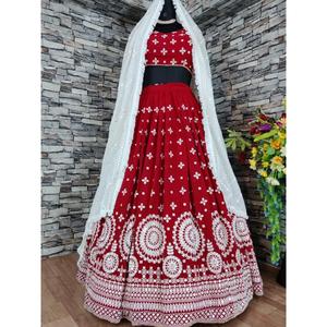MARIAGE LEHENGA CHOLI SEQUENCE BRODERIE TRAVAIL AVEC GEORGETTE DUPATTA MAROON - Product Image 1