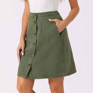 Women's Mini Vintage Plaid Pattern Straight Denim Skirt Stonewashed Simple Casual Style Waist Detail Fashionable <b>Button</b> - Product Image 1