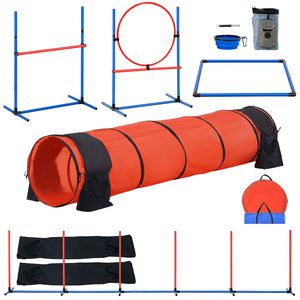 Set di Attrezzature per Addestramento Agility Cani da 5 Pezzi: Ostacoli Regolabili, 6 Pali per Guadino, Tunnel Estensibile, Anello per Salto, Tavola di Pausa - Product Image 1