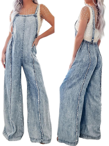 Women's Light Blue Denim Overalls High Waist Wide Leg Loose Fit Sleeveless Casual Summer <b>Jumpsuit</b> With Lace Trim - Product Image 1