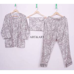 Ensemble pyjama 3 pièces pour femme en 100 % coton écologique, élégant, col modeste, motif floral, confortable, doux, pantalon, chemise et sac à motif uni - Product Image 6