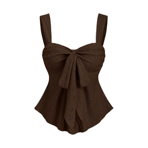 Haut Cami sans bretelles en dentelle marron pour femme, avec nœud sur le devant, sans manches, style peplum, respirant, élégant, pour l'été, décontracté, pour les fêtes, chic et tendance - Product Image 1