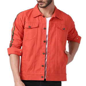 Chaqueta de Mezclilla Naranja para Hombre, Cierre de Botones, Corte Regular, Color Sólido, Estilo Casual para Otoño, Tejido de Algodón Transpirable, Diseño con Costuras Decorativas - Product Image 1