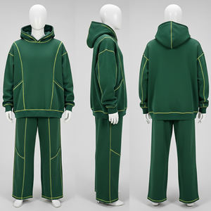 Men's Green Contrast Stitching Fleece Tracksuit Two Piece Set Oversized Pullover <b>Hoodie</b> And Wide Leg Sweatpants Casual - Product Image 6