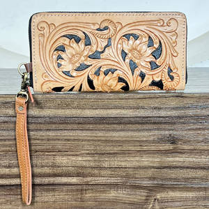 Cartera de mano elegante de cuero genuino hecha a mano para mujer, con nuevo diseño floral en relieve y cierre de cremallera, tarjetero para damas - Product Image 4