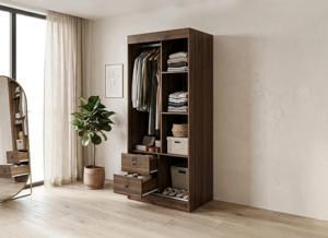 ตู้เสื้อผ้าแบบพับได้สองบาน รุ่นโมเดิร์น วัสดุแผ่นชิปบอร์ด ยี่ห้อ Wholesale Essence Malaysia รุ่น W208 สีวอลนัทกราไฟต์เกรย์ พร้อมลิ้นชัก 2 ช่อง - Product Image 2