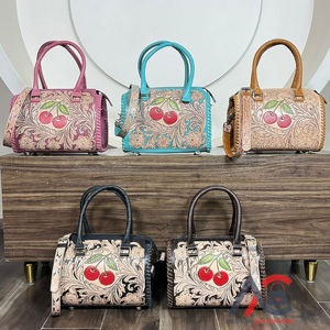 Handcrafted Tooled Leather <b>Medium</b> Duffel Bag With Floral Cherry Motif Crossbody <b>Handbag</b> Luxury Zipper Closure Durable Design - Product Image 1