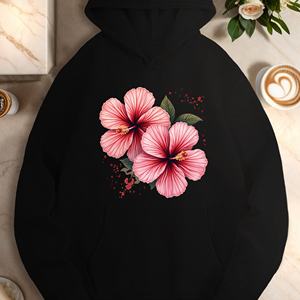 Sudadera con Capucha Casual para Mujer, Estampado Floral de Hibisco Rosa, 100% Poliéster Tejido, Sudadera de Verano con Bolsillos - Product Image 3