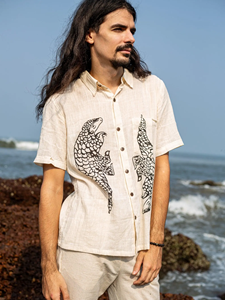 Camisa Casual de Manga Corta para Hombre con Motivo de Pangolín Estampado a Mano en Algodón Khadi, Camisa Premium Transpirable de Algodón Khadi Hilado a Mano - Product Image 4