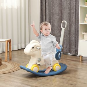 Cavallo a dondolo 4-in-1 per bambini da 2 a 5 anni con maniglia di spinta rimovibile e tavola di equilibrio, bici senza pedali blu per bambini - Product Image 2