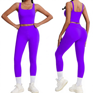 Ensemble de yoga sans couture pour femmes, leggings taille haute, haut court, vêtements de sport, bleu noir - Product Image 2
