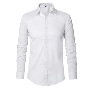 Chemise habillée noire en satin pour homme, manches longues, col rabattu, formelle, infroissable, couleur unie - Product Image 2