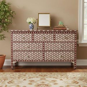 Commode à 6 tiroirs en bois de manguier massif, noire, haut de gamme, durable, moderne, faite à la main, avec incrustations en os, écologique, quincaillerie en fer, pour chambre à coucher - Product Image 4