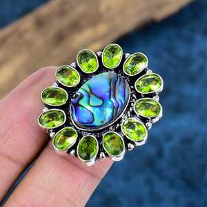 Wholesale Handmade 925 Sterling Silver <b>Abalone</b> <b>Shell</b> and Peridot Cluster Ring Opaque Gemstone Flower Statement Rings For Women - Product Image 6