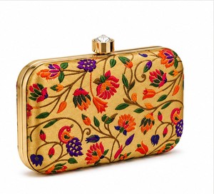 Elegant Gold Embroidered Floral Clutch With Crystal Closure Women's Silk Party Handbag - Product Image 3