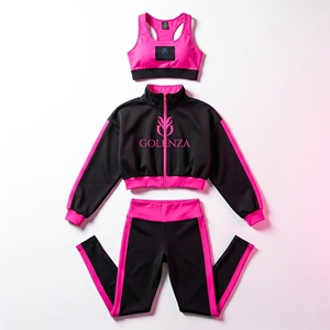 Ensemble de survêtement ajusté en polyester pour femme : veste zippée, brassière de sport, leggings, color block, tenue de sport à manches courtes - Product Image 1