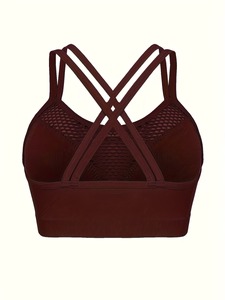 Seamless Moisture Wicking Sports Bra Mesh Detailing Dual Spaghetti Shoulder Strap <b>Cross</b> Back Design Pullover Crop <b>Top</b> - Product Image 4