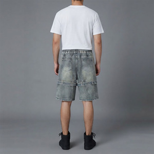 Pantalones Cortos de Mezclilla Gris Lavado Unisex con Logotipo Personalizado, Cintura Elástica con Cordón, Pantalones Cortos Largos de Mezclilla Estilo Urbano al por Mayor - Product Image 4