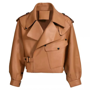 Women's Genuine Sheepskin Leather <b>Jacket</b> Olive Green Black Satin Soft Style Slim-fit Casual Look Collar <b>Lightweight</b> For Women - Product Image 5