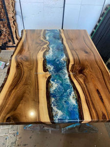 Modern Live Edge Solid Wood Epoxy Dining Table <b>Blue</b> Resin <b>Top</b> Durable Handmade Construction Premium Dining Room Furniture Entry - Product Image 3