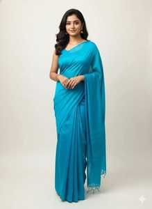 Tissu de sari en soie Tassar bleu pur pour mariage, fête, vêtements de cérémonie toutes saisons, vêtements traditionnels indiens et pakistanais pour femmes - Product Image 4