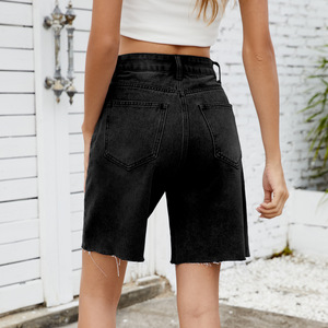 <b>Women's</b> High Waist <b>Denim</b> <b>Bermuda</b> <b>Shorts</b> Five Pocket Stonewashed Frayed Hem Button Fly Casual Style - Product Image 6