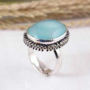 Vintage 925 <b>Silver</b> Aqua Chalcedony <b>Ring</b> Handmade Boho <b>Statement</b> Jewelry Wholesale Natural Stone Wide Band <b>Rings</b> - Product Image 4