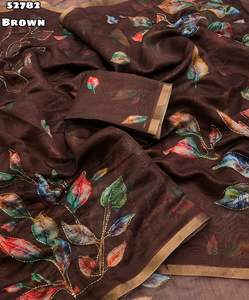 Nuova Collezione di Tessuti Morbidi in Seta Chanderi con Design Floreale, Stampa Digitale, Ricamo Cutdana, Bordo Zari e Trattamento Antipiega per Feste - Product Image 2