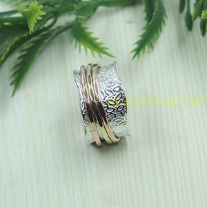 Handmade Textured Wide Band Spinner Ring925 Sterling Silver Brass Copper Designer <b>Statement</b> <b>Ring</b> Artisan Jewelry for Unisex Him - Product Image 6