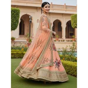 Peach Floral Art Silk Lehenga Choli with Dupatta for <b>Wedding</b> - Product Image 4