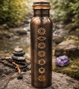 Bouteille d'eau en cuivre avec symboles des chakras, design bohème, écologique, vaisselle en métal pour usage extérieur, bouteille d'eau pour la méditation - Product Image 1