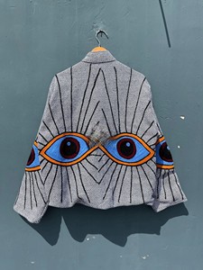 Handcrafted Evil Eye Embroidered Bomber <b>Jacket</b> Artisanal Bohemian Striped Canvas <b>Jacket</b> Handcrafted Bomber <b>Jacket</b> - Product Image 2