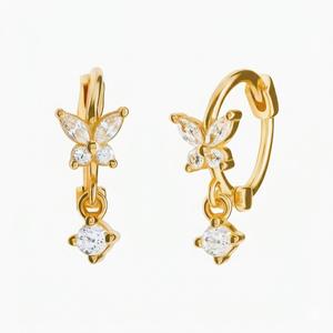 Rose Gold Plated 14K/18K Gold Charming Butterfly Huggie Hoop Earrings With Dangling <b>Drop</b> Earrings Butterfly Jewelry Gift for Her - Product Image 2