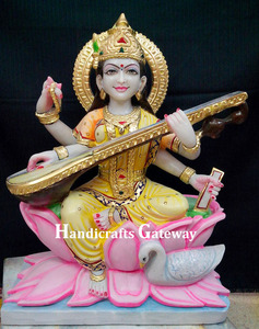 Beautiful Design White Marble Saraswati Mata Statue Beautiful Hindu Goddess Sitting On Lotus Flower Best Price For <b>Home</b> <b>Temple</b> - Product Image 2