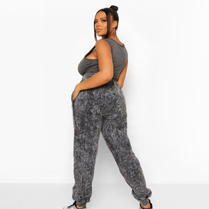 Hot Selling <b>Women</b> Mid Waist Acid Wash <b>Winter</b> Elastic Waist Flat Front Jogger Pant Terry Cotton <b>Trousers</b> with Side Pockets - Product Image 2