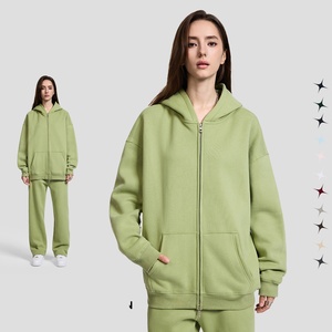 Sweat-shirt unisexe à capuche zippé, coupe classique, vert uni, en coton French Terry respirant, avec poche, pour l'hiver, 320g - Product Image 1