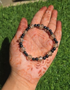 6 MM Black Round & Light Champagne Moissanite <b>Beads</b> <b>Bracelet</b> Hand Made - Product Image 1