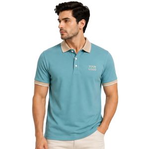 Camiseta Polo Personalizada Azul Cielo y Beige para Hombre, Manga Corta, Informal, para Golf, OEM, Marca Privada, Transpirable, Uniforme, Venta al Por Mayor - Product Image 1