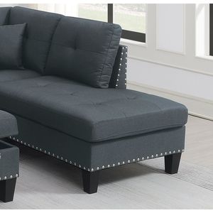 Set Divano Sezionale 3 Pezzi in Tessuto Lino Color Carbone per Soggiorno, Include Divano LAF, Chaise Longue RAF, Pouf Contenitore e Portabicchieri - Product Image 6